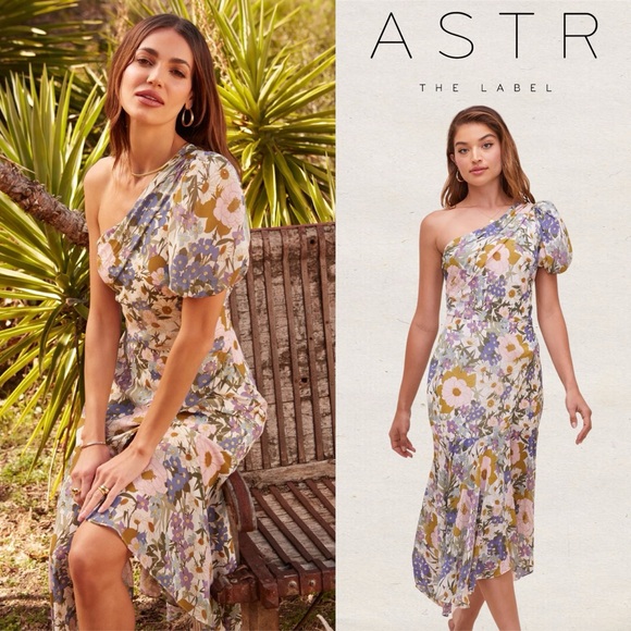 Astr Dresses & Skirts - ASTR The Label Santorini Midi Dress Off White Retro Floral One-Shoulder Puff M